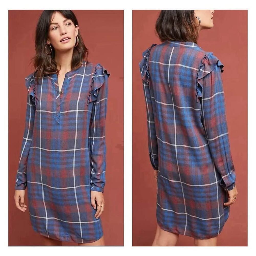 Cloth & Stone for Anthropologie Petite Medium Plaid Ruffle Flannel Shirt Dress